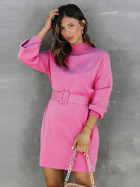 Winter Turtleneck Sweater Dress Women Long Sleeve Knitted Mini Dress With Belt 2022 Lady Elegant Pink Christmas Party Dresses 2