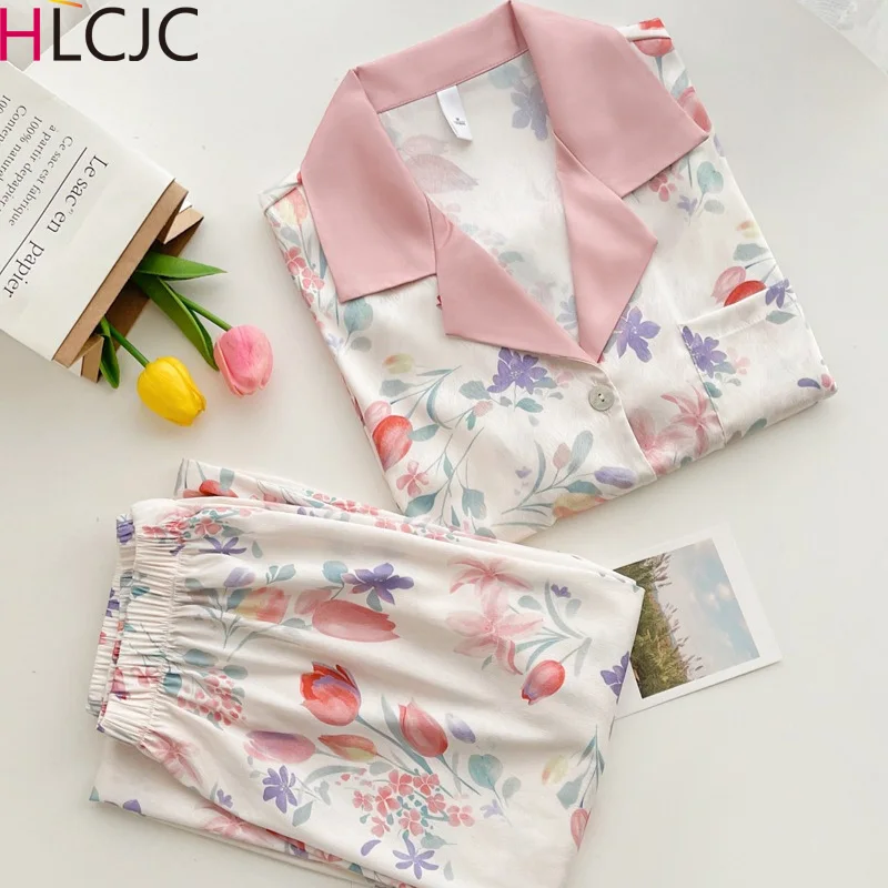 

Женский короткий костюм с принтом, новинка 2022, Женская домашняя одежда, шелковые рукава, модные летние длинные штаны, пижамы для шелковых пижам, женские ледяные