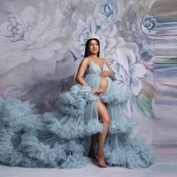 light blue spaghetti strap ruffles long tulle robes high split ruffled pleated tulle maternity dresses photo shoot baby shower