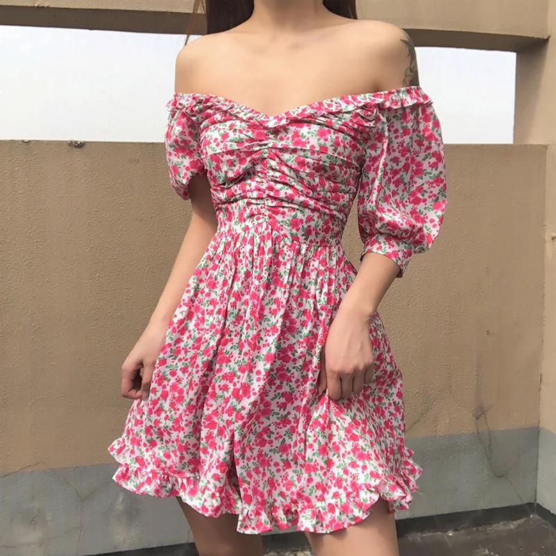 

Sweet Y2k Girls Short Puff Sleeve Pink Green Floral Printed Mini Dress Vintage V-neck Off Shoulder Women Clothing Dress Summer