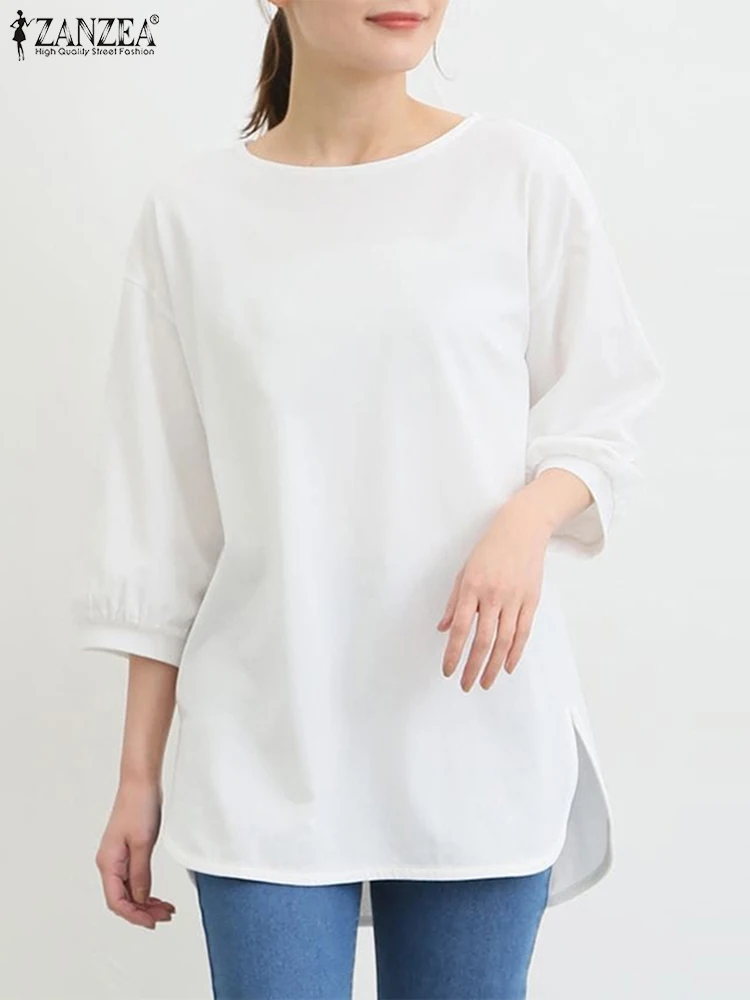 

Блузка ZANZEA женская с круглым вырезом и рукавом 3/4, Повседневная рубашка, однотонный базовый топ, туника с разрезом на подоле, осень