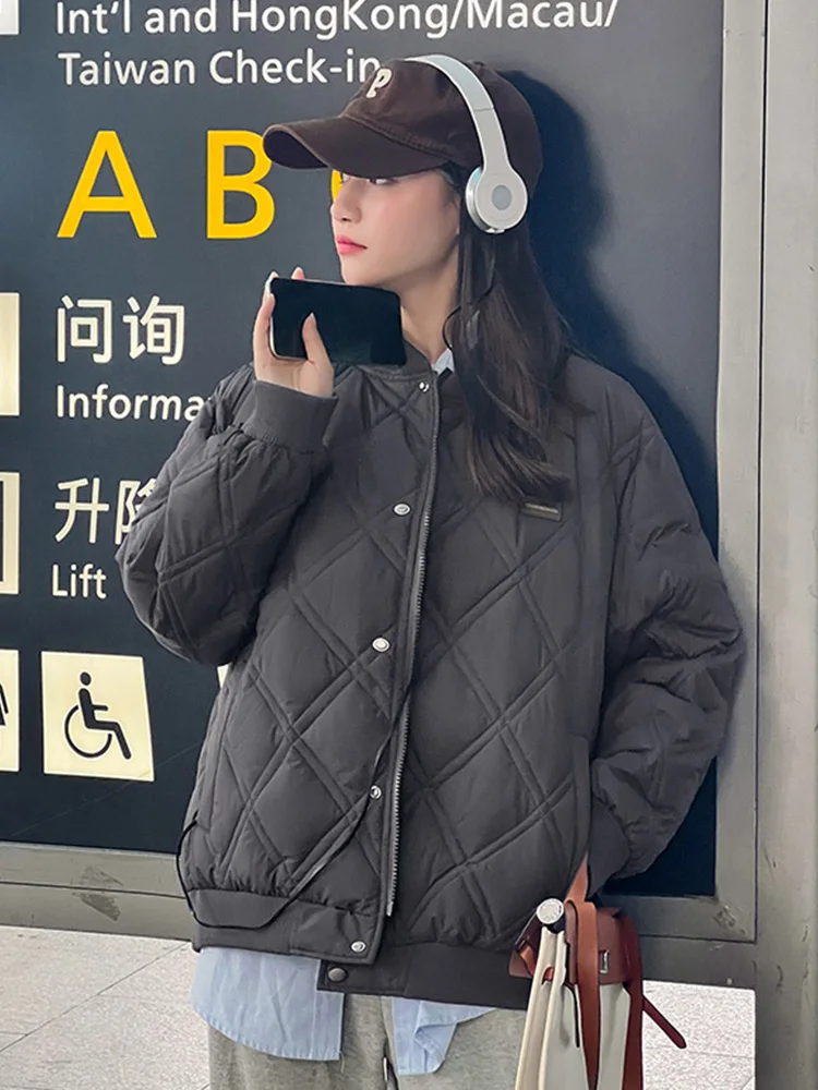 

FMFSSOM Winter Women Fashion Casual Thick Coat Jacket Patchwork Zipper Long Sleeve Argyle Chic O-Neck Loose Pocket Parkas