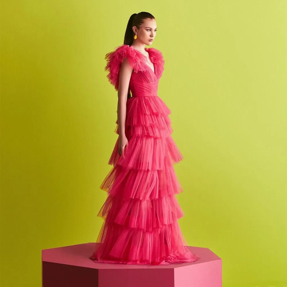 

Tiered Ruffles Tulle Evening Dresses V-Neck Sleeveless Pleat Ruched Saudi Arabic A-Line Prom Gown Formal Dress 2023