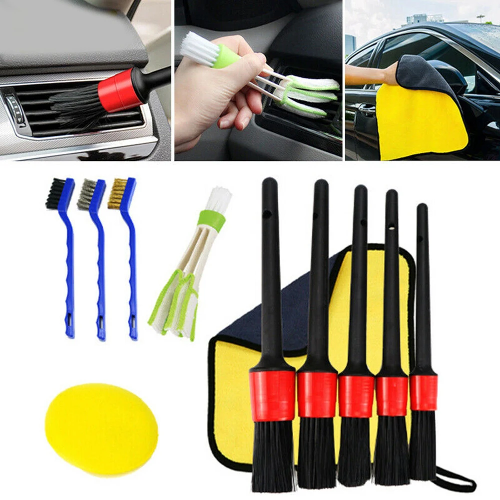 

11Pcs 2023 Car Detailing Brush Kit Boar Soft Brush Hair For Multifunctional Suitable Brush Auto Interior Wheel Gap Cleaning Tool