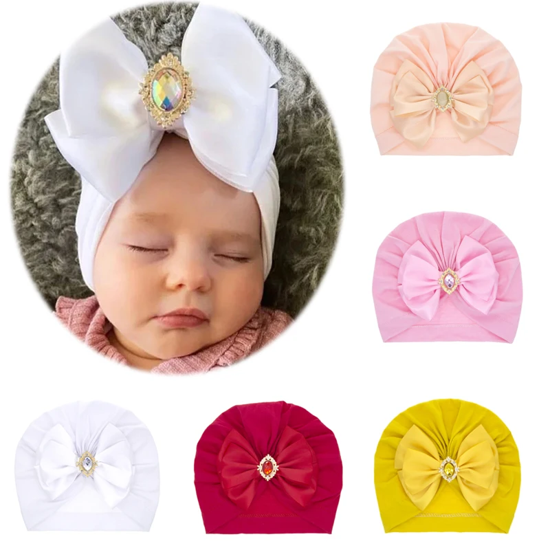 

Cute Shining Rhinestone Bowknot Baby Hat Soft Skin-friendly Baby Girl Hats Infant Turban Girls Cap Handmade Bows Headwear