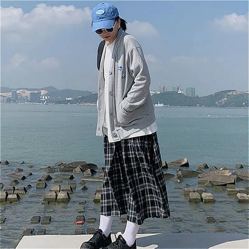 Юбка-миди женская черная в клетку до середины икры с высокой талией | Женская