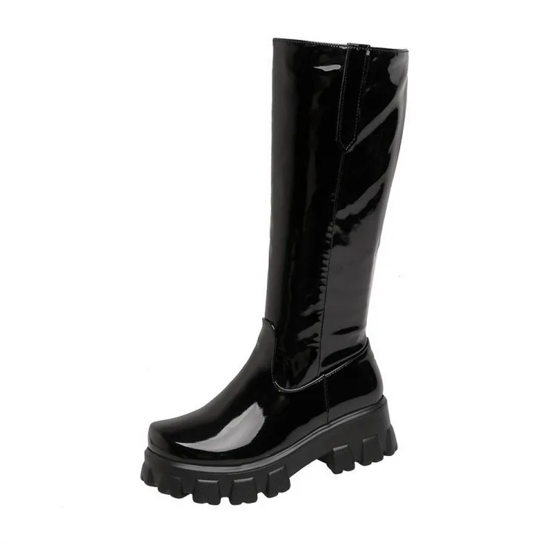 

Knee-High Women's Boots New Fashion Height Increasing Ladies Shoes PU Leather Gothic Casual Wedge Boot Botas De Mujer