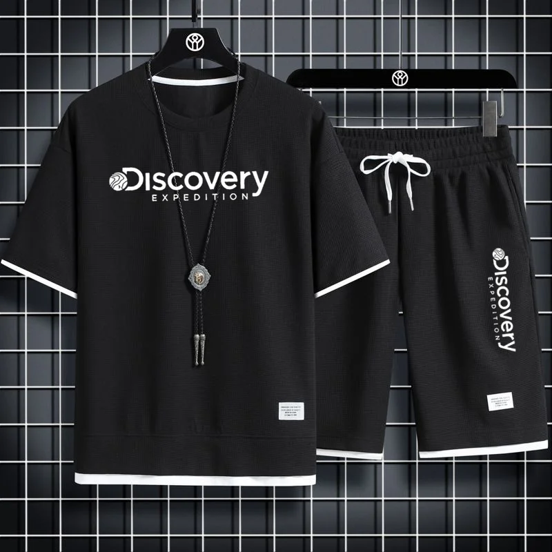 Korean Discovery Channel T-Shirts Shorts Sets Mens Tees Suits Luxury Sports 2 Piece Outfit Streetwear Summer Quality Tracksuit