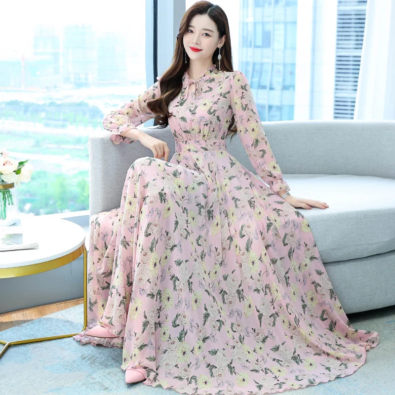 

2022 spring new Chiffon print dress long style over knee large swing round neck long sleeve waist lace up thin