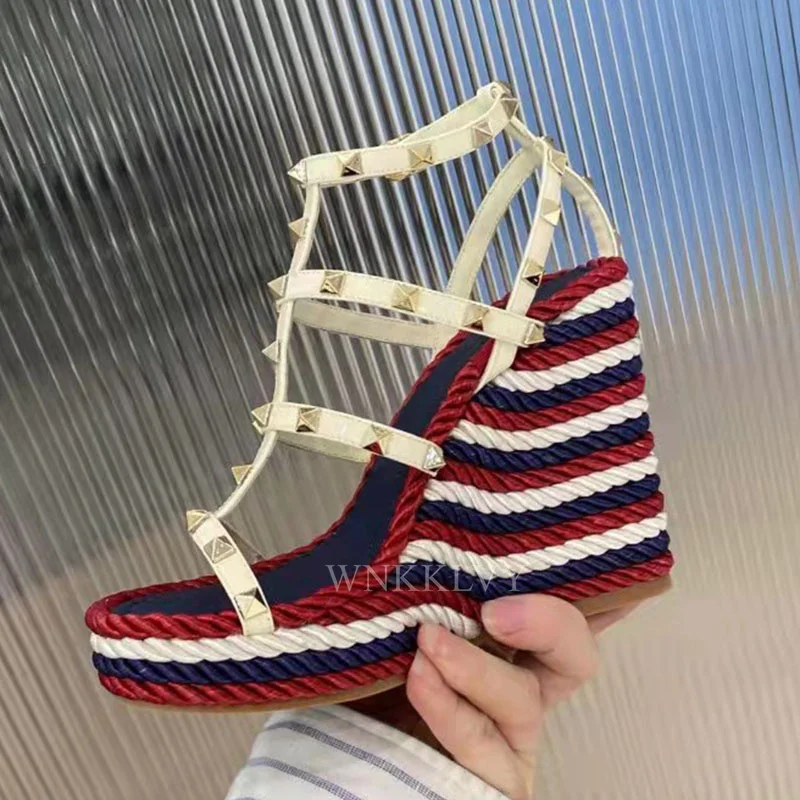 

Weave Thick Sole Wedges High Heel Peep Toe Slippers Women Real Leather Rivet Decor Platform Sandals Summer Sexy Party Shoes 2022