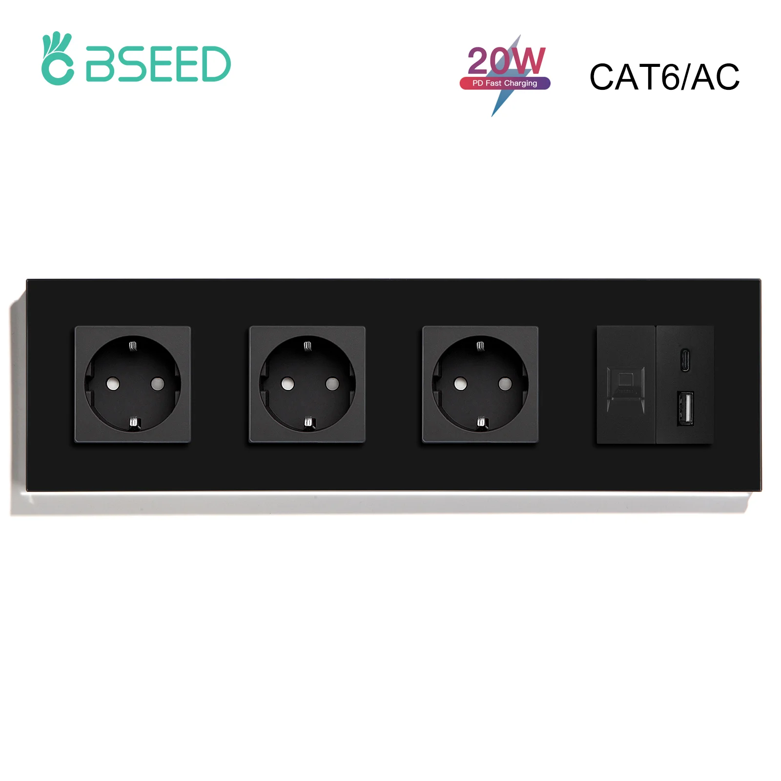 

BSEED CAT6 Интернет USBC Data Компьютерные розетки для ПК плюс розетки переменного тока 20 Вт для быстрой зарядки Настенные розетки Стеклянные рамки Стандарт ЕС