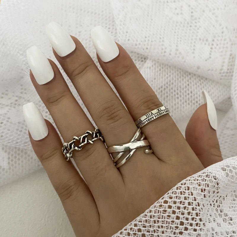 

3ps Women's Ring Hip-hop Cold Wind Ring 3-piece Set of Personality Open Index Finger Ring Hexagram Retro Joint Ring Tail Ring