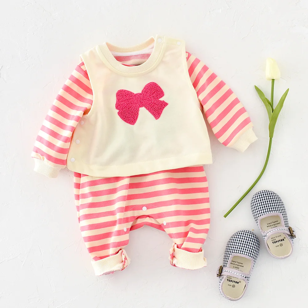 

Baby Girls Boys Autumn Winter Full Sleeve Striped Cotton Cute Jumpsuits Romper Infant Print Vest Toddler Kids Clothing Set 2pcs