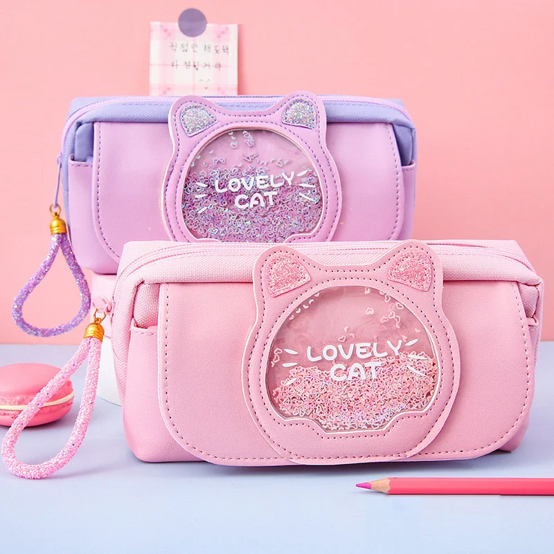 

Quicksand Cat Pencil Case Cute Pencil Bag Three Layers Big Pen Case Girls Kawaii Stationery Bag Cartoon Animals Student Gift