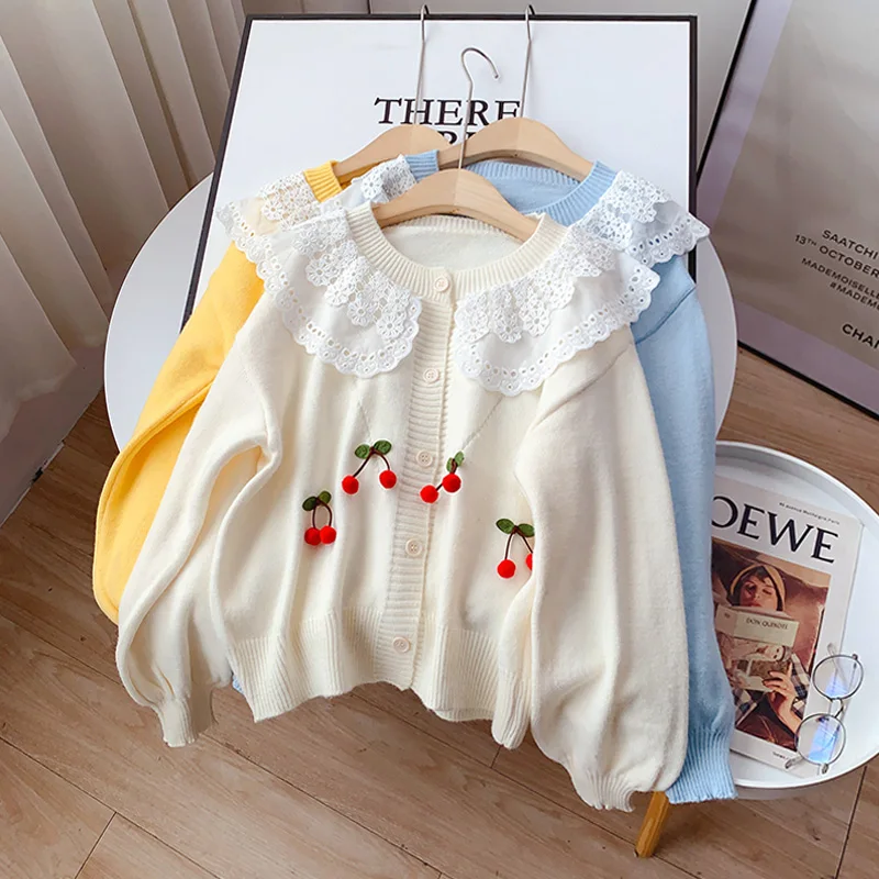 

DAYIFUN Lace Peter Pan Collar Cherry Sweater Cardigan 2022 Spring Autumn Kawaii Cute Coat Knitted Women'sJacket Top A0318