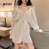 loose casual sexy single breasted off shoulder long sleeve white shirts dress mini wild lady v strapless black vestido sexy