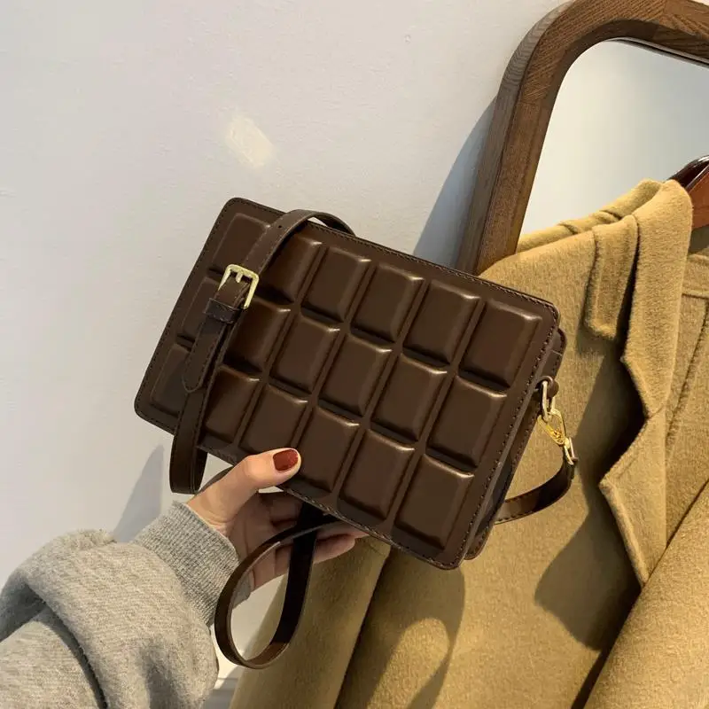 

Chocolate Plaid Small Square Bags For Women High Quality PU Leather Women's Designer Handbags Vintage Shoulder Crossbody Bag