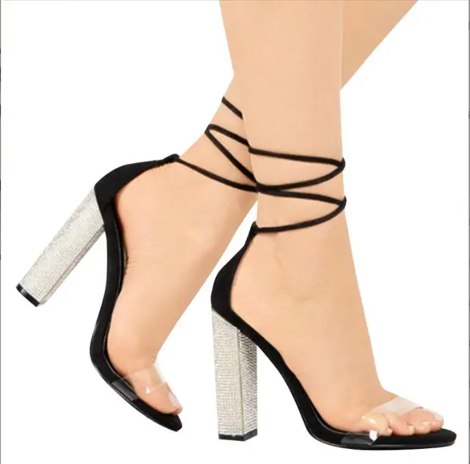 

Fashion Sexy Women Heeled Sandal Rhinestone Ankle Strap Pumps Lace-up High Heel Women's Sandals Heels Lady Shoes Big size