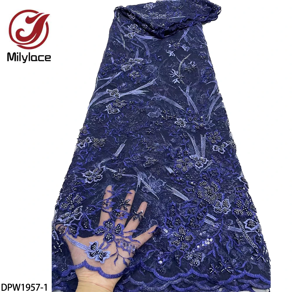 

Luxury Heavy Beaded Embroidered French Net Fabric Super Quality African Tulle Lace Fabric with Sequins for Dress DPW1957-1