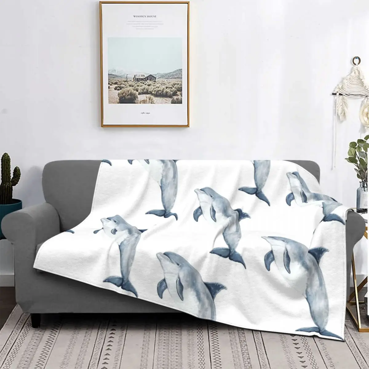 

Funny Dolphin Blanket Flannel Four Seasons Animal Ocean Multifunctional Super Soft Blanket Home Outdoor Bedding