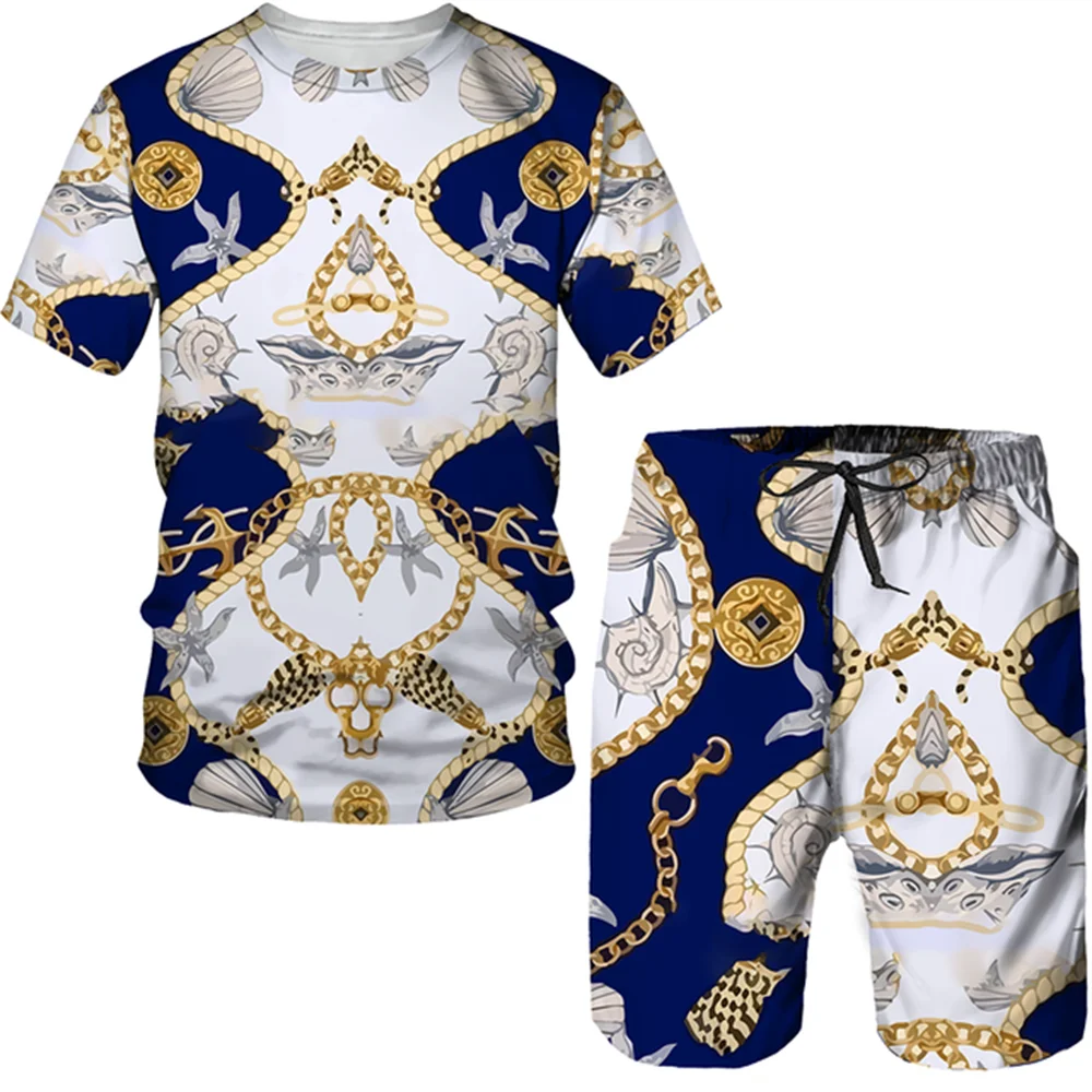 Summer 3D Printed T-shirt Shorts 2-Piece Casual  Luxury Retro Gold Pattern Men's  Sports Suit Fashionable 2023 Street Men's Wear