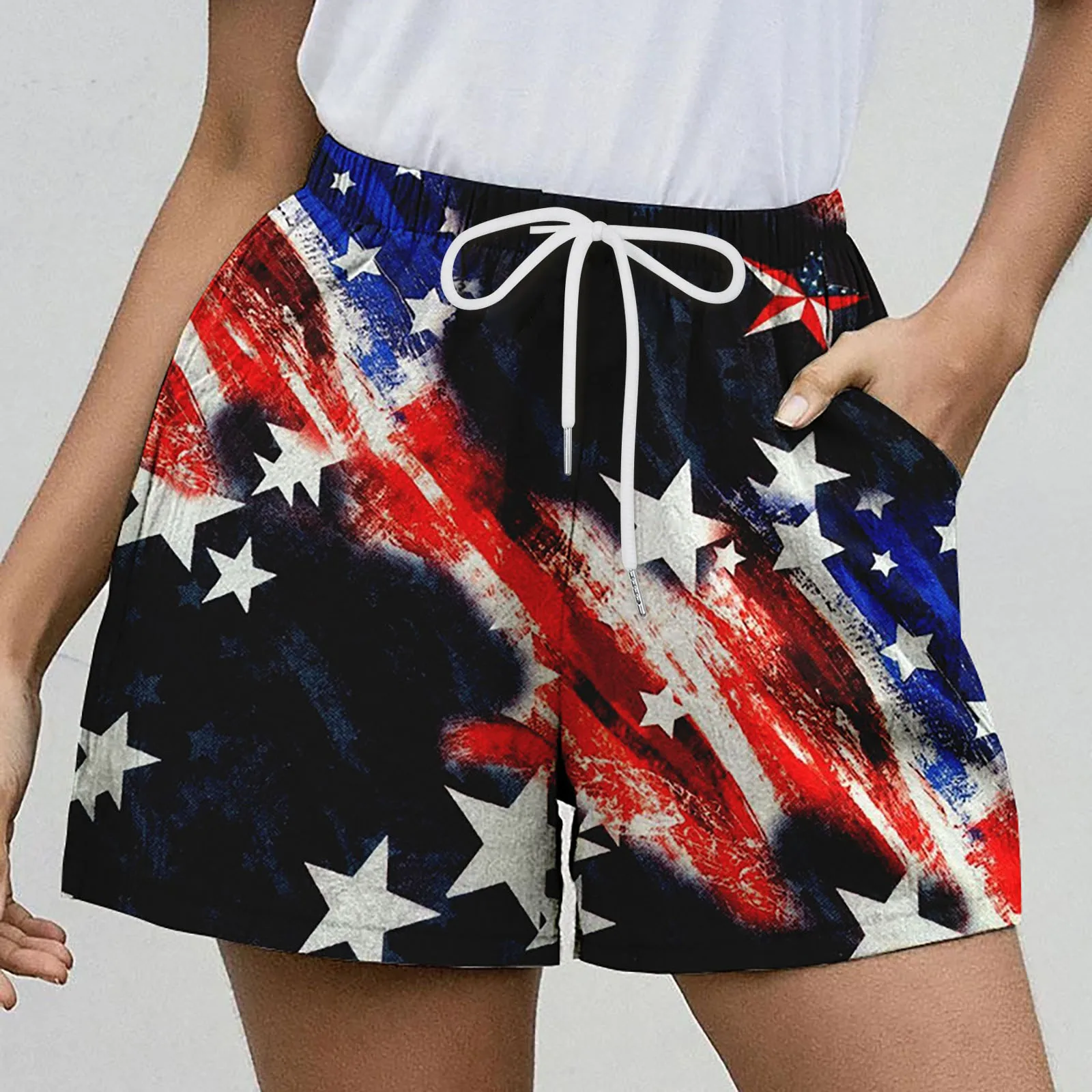 

Independence Day Women American Flag Patterns Casual Drawstring Elastic Waist Short Pants 4 Of July Women's Shorts High Waist