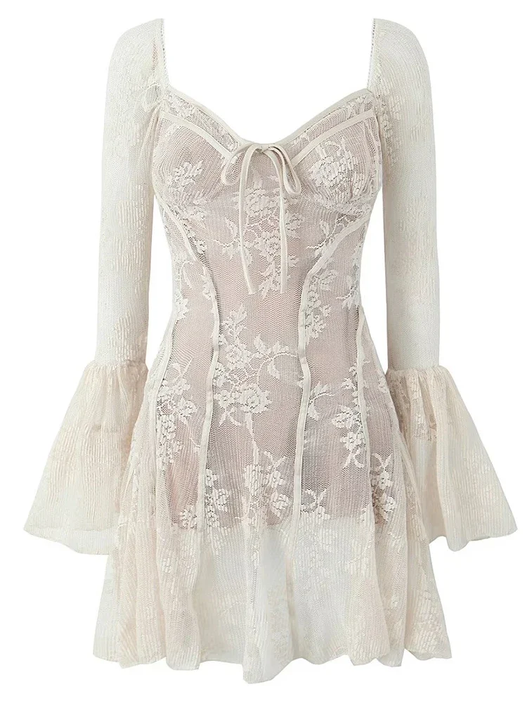 GypsyLady элегантное кружевное шикарное мини-платье бежевого цвета с длинными