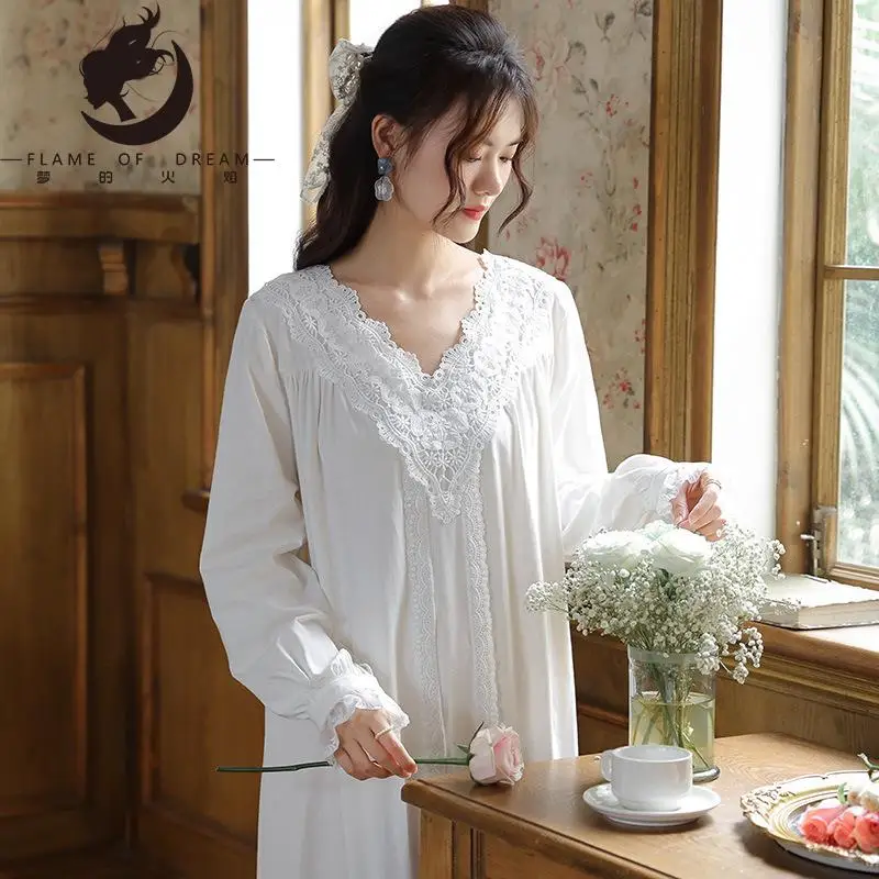 Flame Of Dream Long Sleeved Nightdress Women's Spring Cotton Court Style Retro Lace Princess Pajamas Loose Large 1541