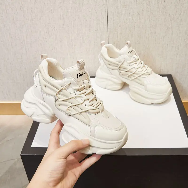 Authentic Leather Clunky Sneakers Women's 2022 Autumn New Raise The Bottom Small People Show Feet Small Platform Shoes