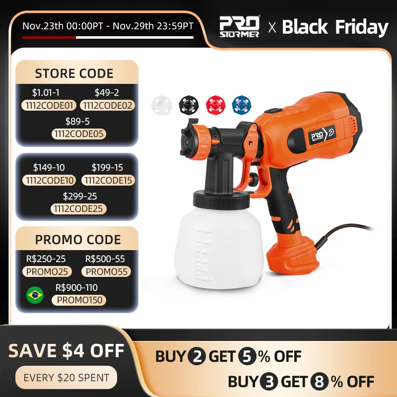 600W/750W Краскопульт электрический аэрограф опрыскиватель аккумул 4 размера сопла 1000ml/1200ml HVLP управление потоком  распылитель краски стен пистолет поливочный PROSTORMER