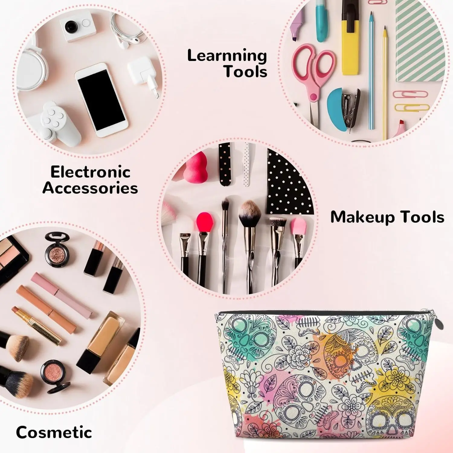 Косметичка с черепом и цветами женские дорожные туалетные принадлежности