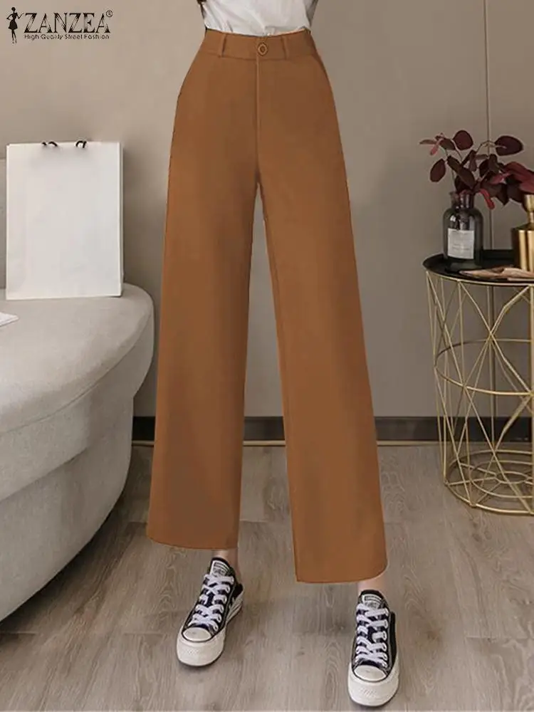 

ZANZEA Women Wide Leg Pants Korean Fashion High Waist Cropped Pants Elegant Office Long Trousers 2023 New Casual Pocket Pantalon
