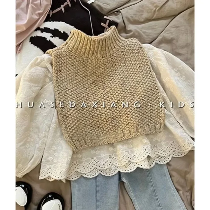 Жилеты комплект детской одежды осенние модные джинсы вязаный жилет кружевная