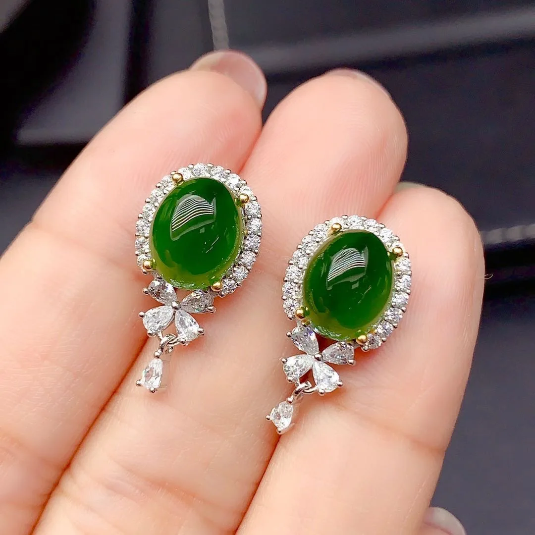 

BLACK ANGEL 925 Silver Natural Hetian Jade Earrings for Women Fashion Green Chalcedony Four-Leaf Clover Zircon Stud Ear Jewelry