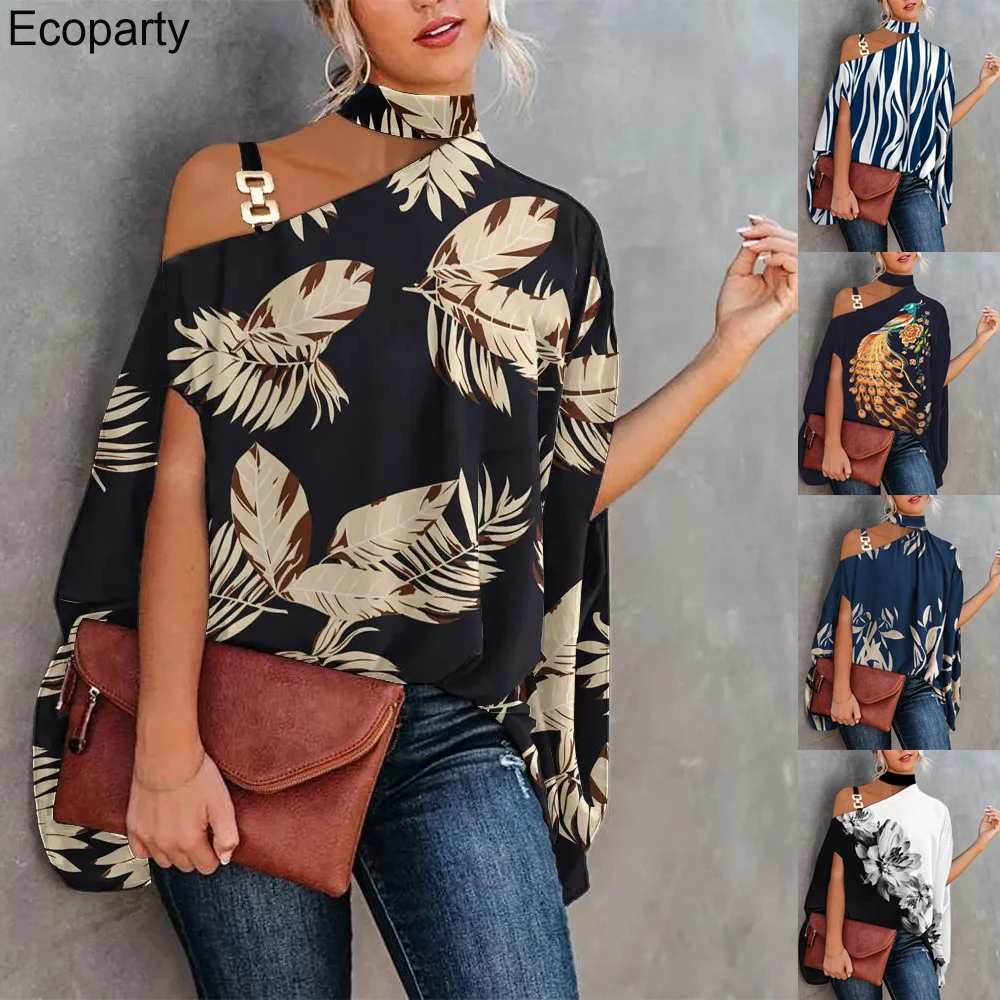 

Summer Elegant Batwing Sleeve Halter Tops For Women 2022 One Shoulder Patchwork Design Flower Printed Female Fashion Clothing
