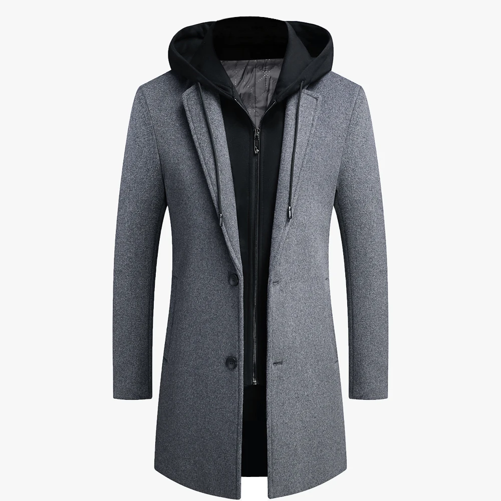 

Thoshine Brand Winter 50% Wool Men Thick Woolen Coats Hooded Faux Two-piece Overcoats Superior Quality Wool Blend Trench Jackets
