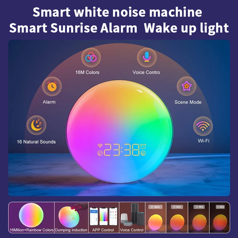 Wake Up Lamp Simulates Sunrise and Sunset Intelligent Alarm Clock RGB Colorful Night Lamp White Dry Sound Magic Color Light