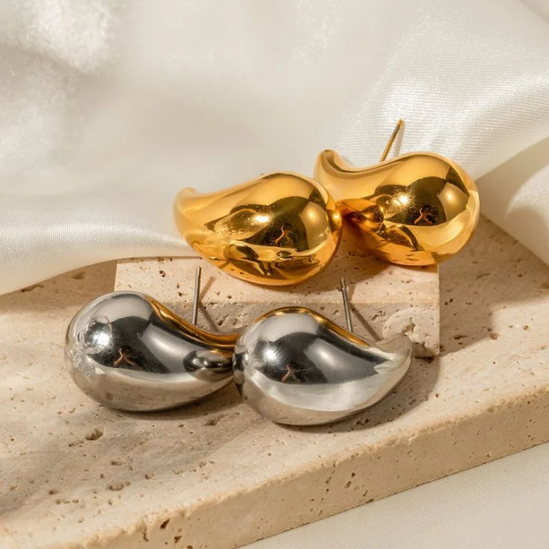 

INS New Polished Chunky Waterdrop Earrings Stainless Steel Teardrop Peas Shape Stud Hammered Earring Wedding Waterproof Jewelry