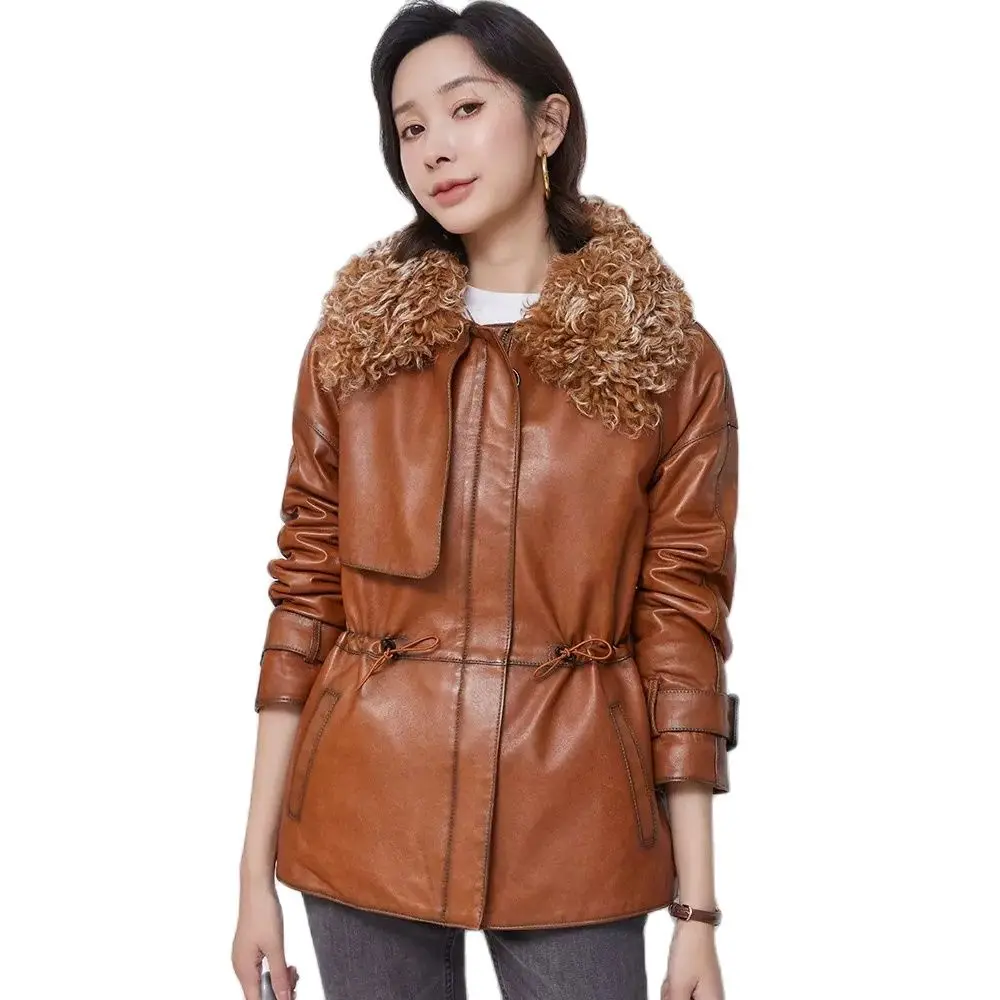 New Women Genuine Leather Down Jacket Autumn Winter Fashion Casual Wool Turn-down Collar Sheepskin Coat Loose Outerwear Female