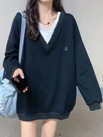 deeptown preppy style black oversized hoodies women harajuku gray fake two piece sweatshirts loose v neck tops korean streetwear