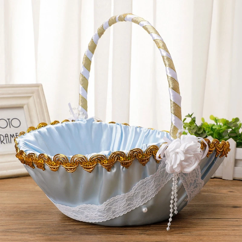 

Flower Girl Basket with Handle Lace and Faux Flower Decor for Wedding Multi Size