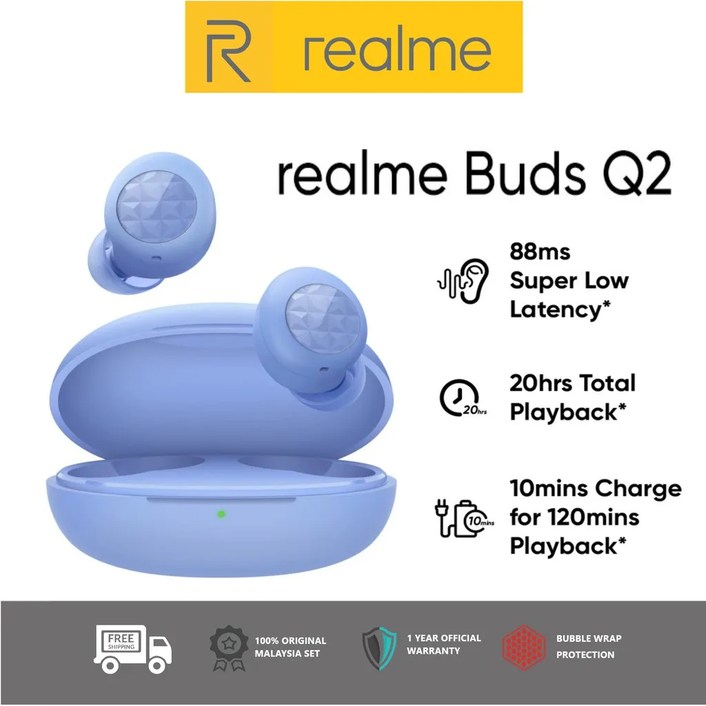 

Realme Buds Q2 Wireless Earphone Bluetooth - Original Realme Malaysia Set 1 Year Official Warranty