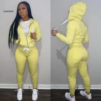 Casual Women Sweatsuit Two Piece Set Simple Zipper Hooded Top+Sheath Trousers Female Sporty Active Tracksuits Outfit 1