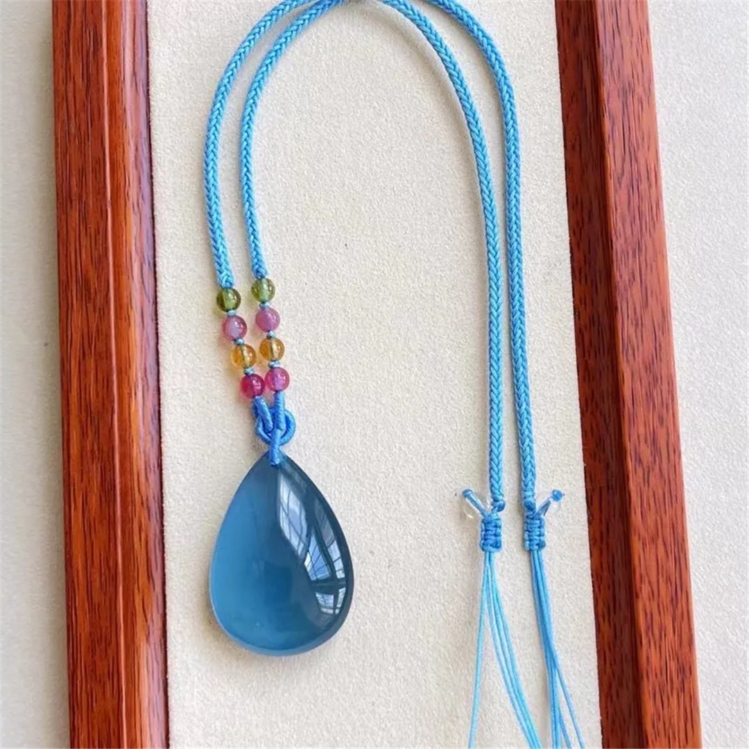 

Natural Blue Aquamarine Pendant Jewelry For Women Man Reiki Luck Gift Healing Crystal 34x23x11mm Beads Stone Rope Chains AAAAA