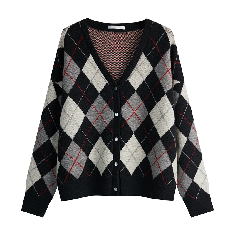 

Abrini V-neck Diamond Casual Sweater Cardigan Checkerboard Knit Sweater Women Cardigan Autumn And Winter Loose Long-sleeve