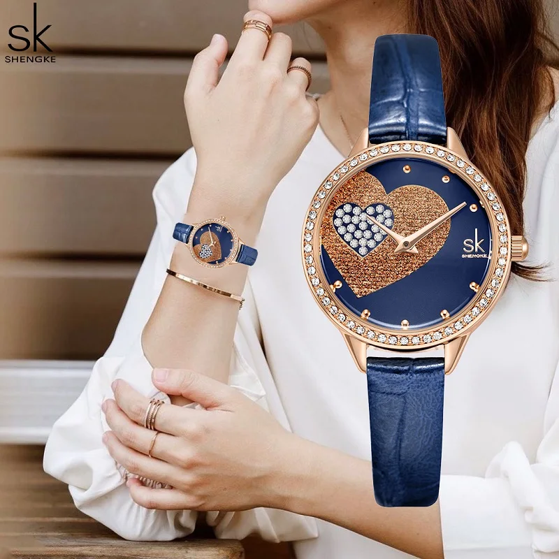 Shengke Elegent Women Quartz Watches Fashion Lover Design Woman's Wristwatches Top Luxury Blue Leather Girl's Clock Reloj Mujer