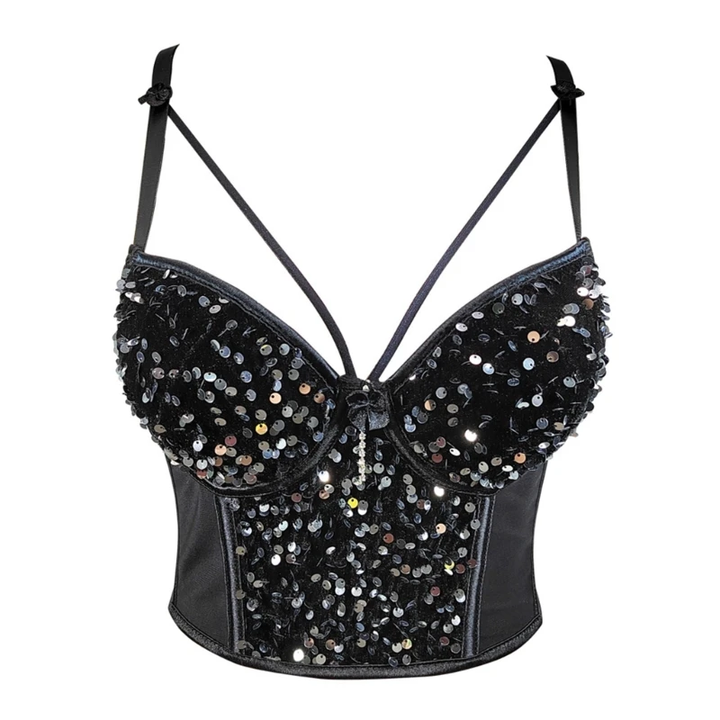 

Womens Spaghetti Strap Cutout Strappy Camisole Crop Top Glitter Sequins Mesh Splicing Slim-Fit Fish Boned Corsets Vest