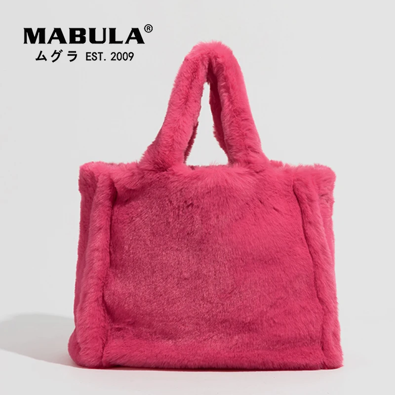 MABULA Winter Simple Stylish  Faux Fur Tote Handbag Branded Design Soft Phone Purses Luxury Women Work Bag