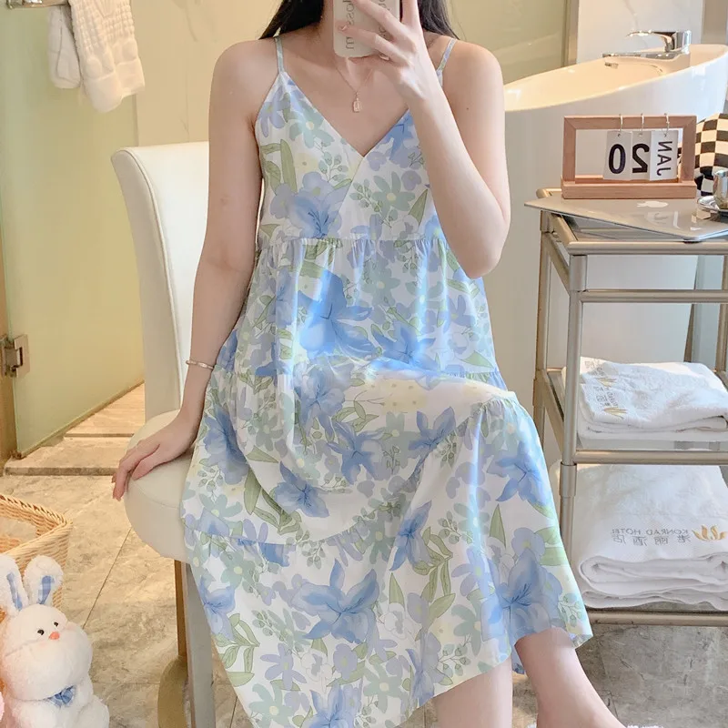 Ночные рубашки на бретелях-спагетти Женская милая одежда для сна с цветочным