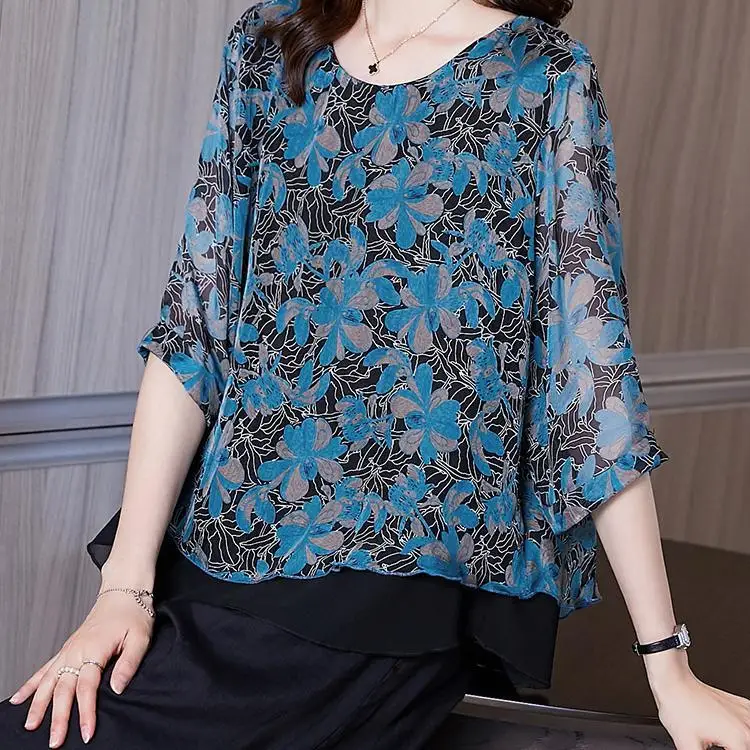 Blue Chiffon T-Shirt Women's 2021 Summer New Large Size Casual Printed Short Sleeve Top  Casual  Tees  harajuku